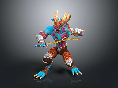 Blue Skinned Horned Fantasy Creature Posing With Ornate Sword And Armored Outfit 3d model