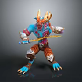 Blue Skinned Horned Fantasy Creature Posing With Ornate Sword And Armored Outfit
