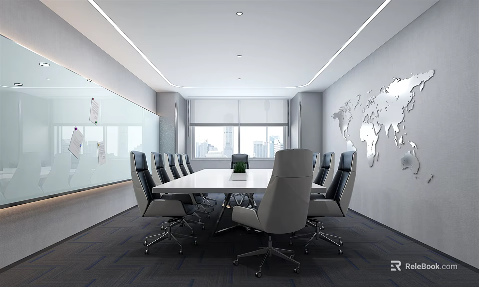 Modern Meeting Room Interior With Long Table Chairs Whiteboard And World Map 3d model 