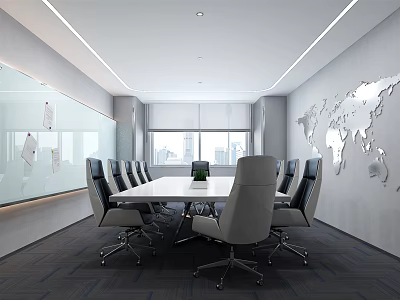 Modern Meeting Room Interior With Long Table Chairs Whiteboard And World Map 3d model