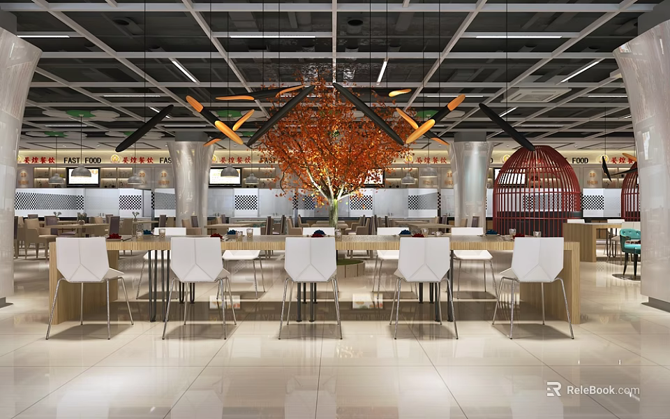 Modern Restaurant Interior Design With Chandelier Dining Tables And Decorative Tree 3d model 