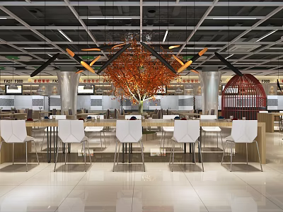 Modern Restaurant Interior Design With Chandelier Dining Tables And Decorative Tree 3d model