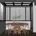 Minimalist Restaurant Interior With Round Table Wooden Chairs Large Window Blinds And Bright Light