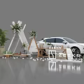 Outdoor Stylish Setup With White Car Triangular Tent Floral Decor And Green Plants