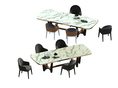 Elegant Contemporary Marble Top Dining Tables With Black And Brown Chairs 3d model
