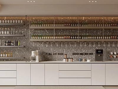 Modern Wine Cabinet with Multiple Shelves Various Wine Bottles Decorative Patterned Background and White Cabinets 3d model