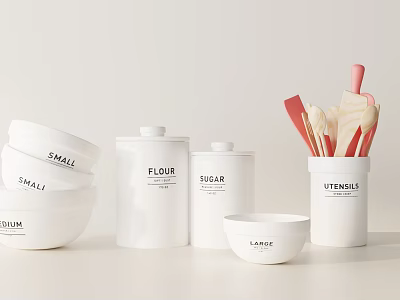 Neatly Arranged White Kitchen Utensils With Bowls Canisters And Spatulas On White Background 3d model