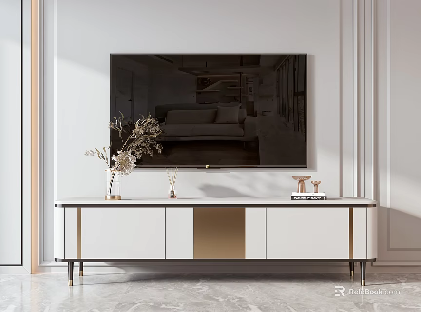 Elegant Modern TV Stand With White Gold Finish Decorative Vase And Wall Mounted TV 3d model 