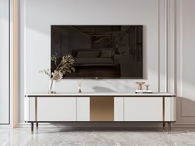 Elegant Modern TV Stand With White Gold Finish Decorative Vase And Wall Mounted TV 3d model