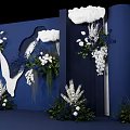Elegant Wedding Stage Setup With Dark Blue Background White Cloud Decor And Floral Arrangements 3d model