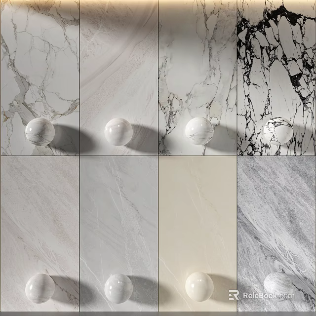 Marble Texture Wall Paneling in White Light Gray with Decorative Balls and Different Patterns 3d model 