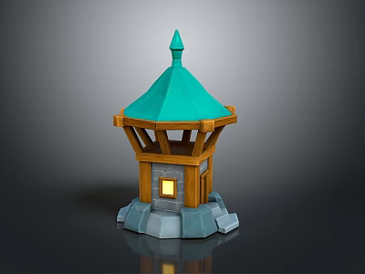 3D Modeled Cartoon Building With Teal Pointed Roof Wooden Structure Stone Base And Small Window 3d model