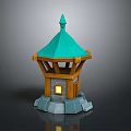 3D Modeled Cartoon Building With Teal Pointed Roof Wooden Structure Stone Base And Small Window