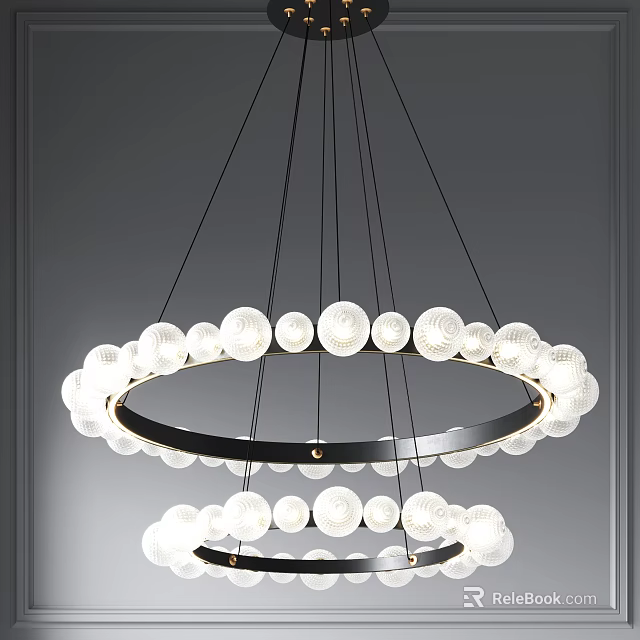 Modern Double Circular Chandelier With White Spherical Bulbs And Black Metal Frame 3d model 