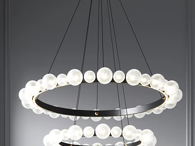 Modern Double Circular Chandelier With White Spherical Bulbs And Black Metal Frame 3d model