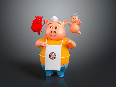 Chubby Pig Character In Yellow Apron With Devil And Angel Holding White Sign With Round Logo 3d model