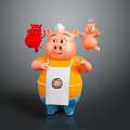 Chubby Pig Character In Yellow Apron With Devil And Angel Holding White Sign With Round Logo