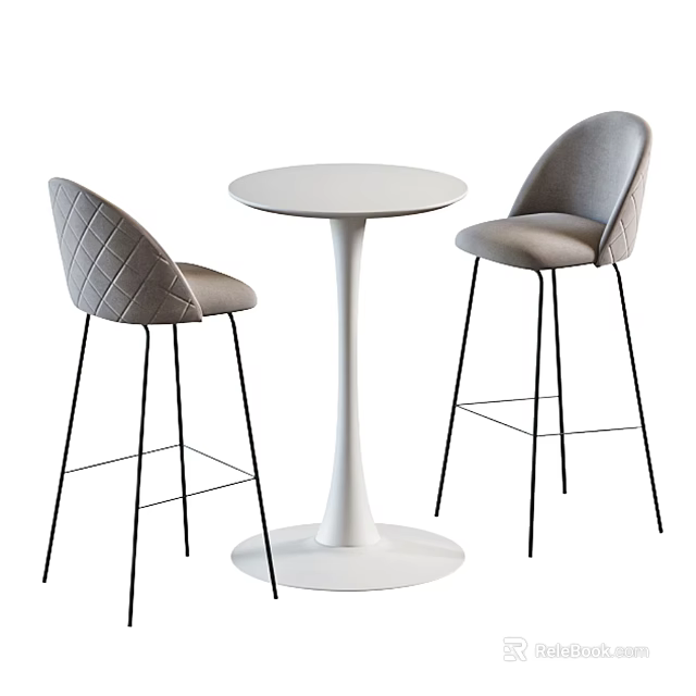 Modern White Round Bar Table With Two Grey Diamond Pattern Bar Stools 3d model 