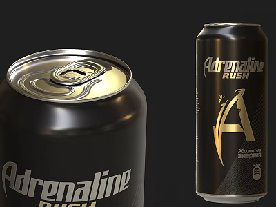 Adrenaline Rush Energy Drink In Black Can With Gold Logo And Shiny Metallic Top 3d model