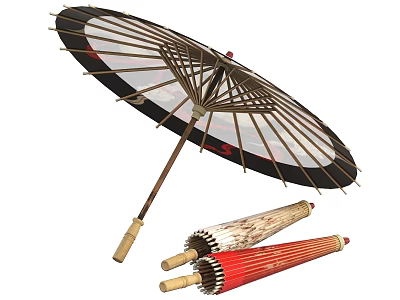 Traditional Oil Paper Umbrellas With Black Red Beige Colors Open And Folded Design 3d model