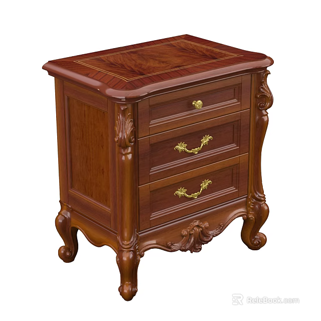 Classic Wooden Bedside Table With Carved Details Three Drawers And Golden Handles 3d model 