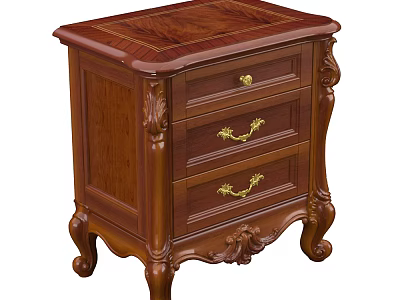 Classic Wooden Bedside Table With Carved Details Three Drawers And Golden Handles 3d model