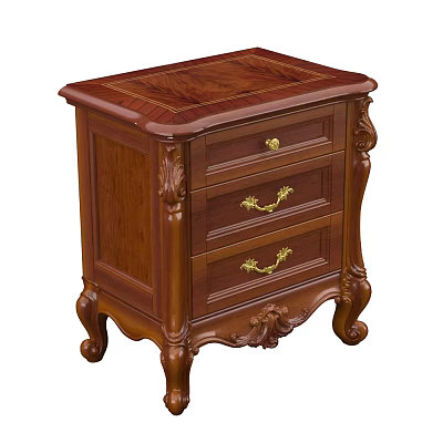 Classic Wooden Bedside Table With Carved Details Three Drawers And Golden Handles 3d model