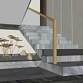 Elegant Modern Staircase Interior With Glass Handrail Golden Frame Stone Steps And Lighting
