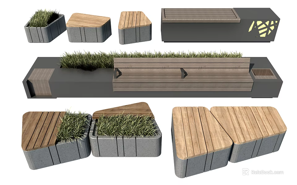 Outdoor Landscape Seats With Wooden Planks Concrete Base And Grass Accents 3d model 