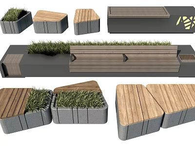 Outdoor Landscape Seats With Wooden Planks Concrete Base And Grass Accents 3d model