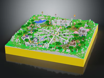 Cartoon Scene Miniature Green Landscape With Colorful Houses Paths And Pond On Yellow Base 3d model