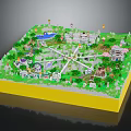 Cartoon Scene Miniature Green Landscape With Colorful Houses Paths And Pond On Yellow Base