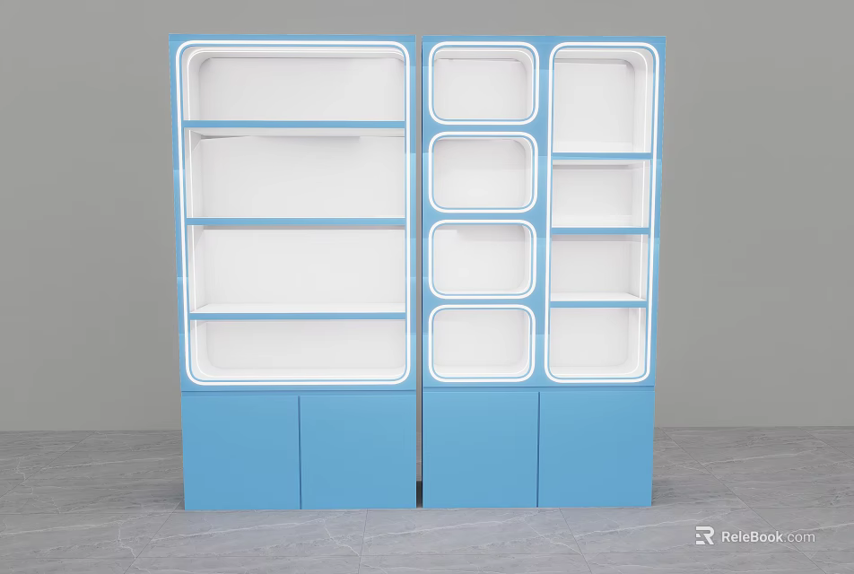 Blue Modern Shelving Unit Featuring Multiple Open Compartments And Cabinet Doors 3d model 