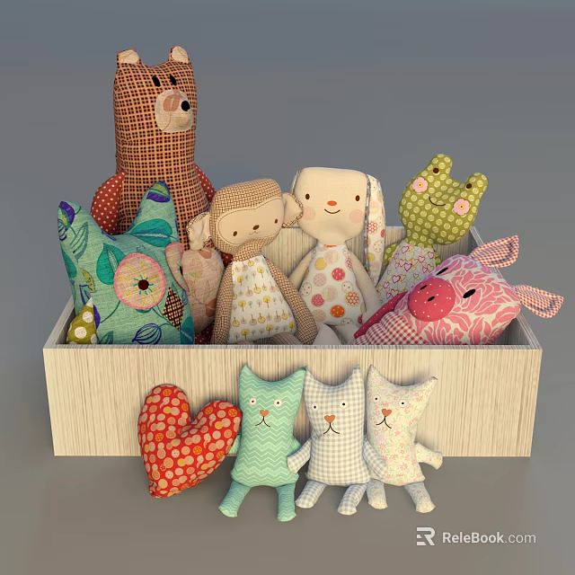 Colorful Fabric Stuffed Toys Including Bear Monkey Rabbit Frog Pig And Cat In Wooden Box 3d model 