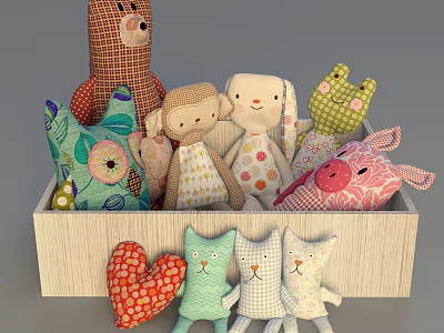 Colorful Fabric Stuffed Toys Including Bear Monkey Rabbit Frog Pig And Cat In Wooden Box 3d model