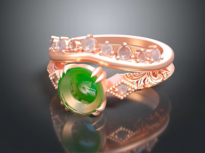 Rose Gold Ring Featuring Green Gemstone and Small Diamonds with Intricate Patterns 3d model
