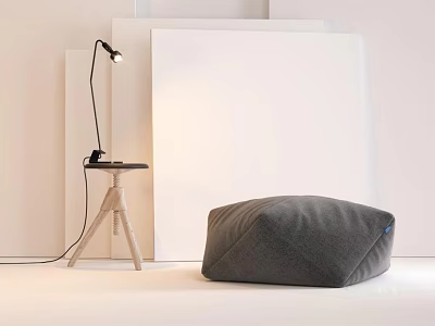Cozy Grey Bean Bag Chair In Minimalist Living Room With Wooden Side Table And Lamp 3d model