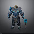 Muscular Blue Skinned Fantasy Man In Ice Themed Armor Holding Hammer