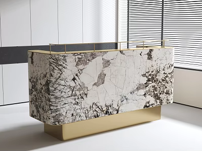 Modern Reception Desk With Marble Countertop Golden Base And Decorative Railing 3d model
