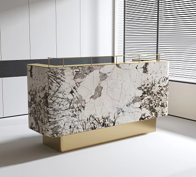 Modern Reception Desk With Marble Countertop Golden Base And Decorative Railing 3d model