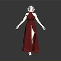 Woman With White Hair Wearing Red High Slit Long Dress On Black Floor Gray Background