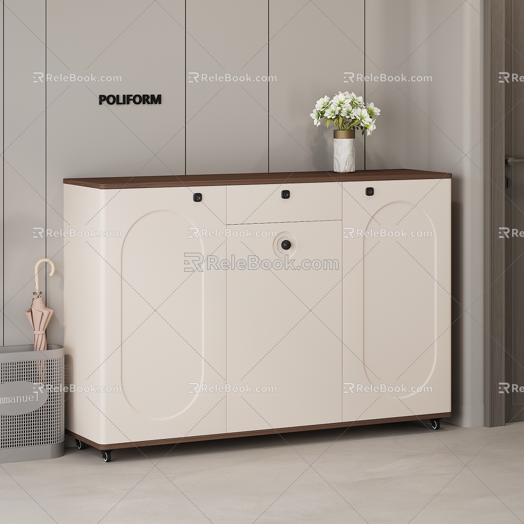 Cream Style Shoe Cabinet Side Cabinet Storage Cabinet Grocery Cabinet Packaging Box Cream White Walnut Corridor Vase Umbrella Sticker Box Wooden Door 3d model