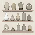 Decorative Ceramic Vessels On Tiered Wooden Shelves With Neutral Tones And Shapes