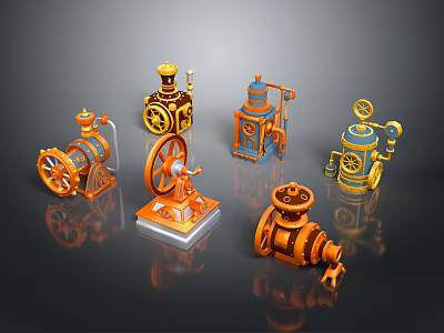 3D Rendered Vintage Industrial Mechanical Equipment Models with Gears Valves Pipes Orange Blue Metal Texture 3d model