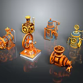 3D Rendered Vintage Industrial Mechanical Equipment Models with Gears Valves Pipes Orange Blue Metal Texture