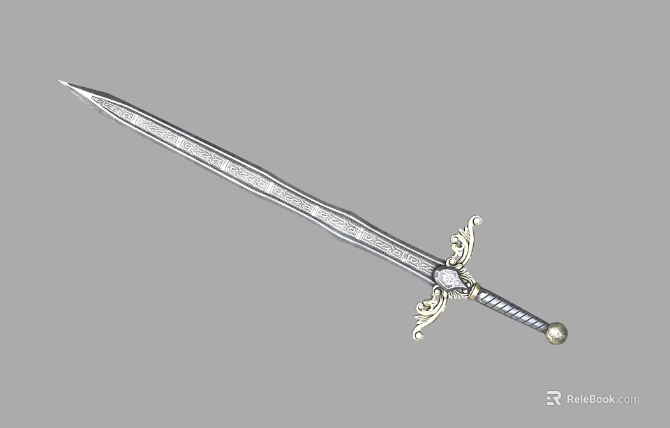 Ornate Decorative Sword With Silver Engraved Blade And Elegant Hilt Design 3d model 