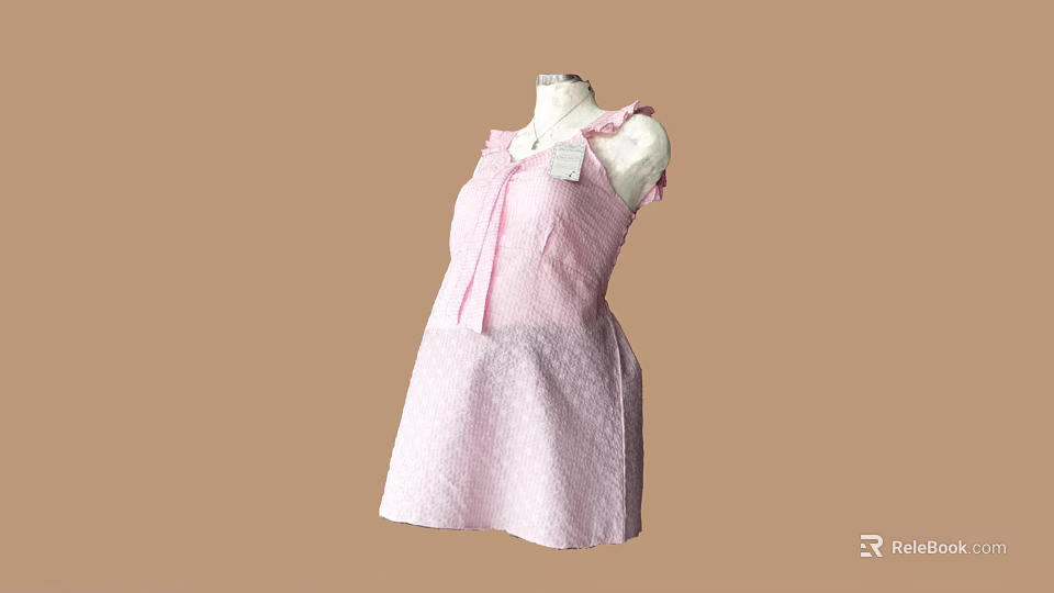 Sweet Pink Sleeveless Dress With Ruffle Trim And Bow Accent On Textured Fabric For Women 3d model 