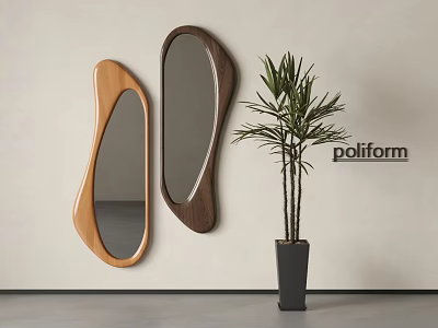 Poliform Irregular Shaped Mirrors with Wooden Frames in Modern Interior with Green Plant 3d model