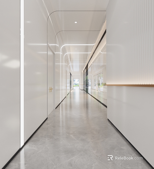 Modern Elevator Hallway Interior Design With White Walls Sleek Lighting And Gray Flooring 3d model 