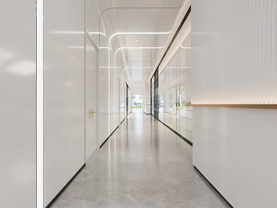 Modern Elevator Hallway Interior Design With White Walls Sleek Lighting And Gray Flooring 3d model